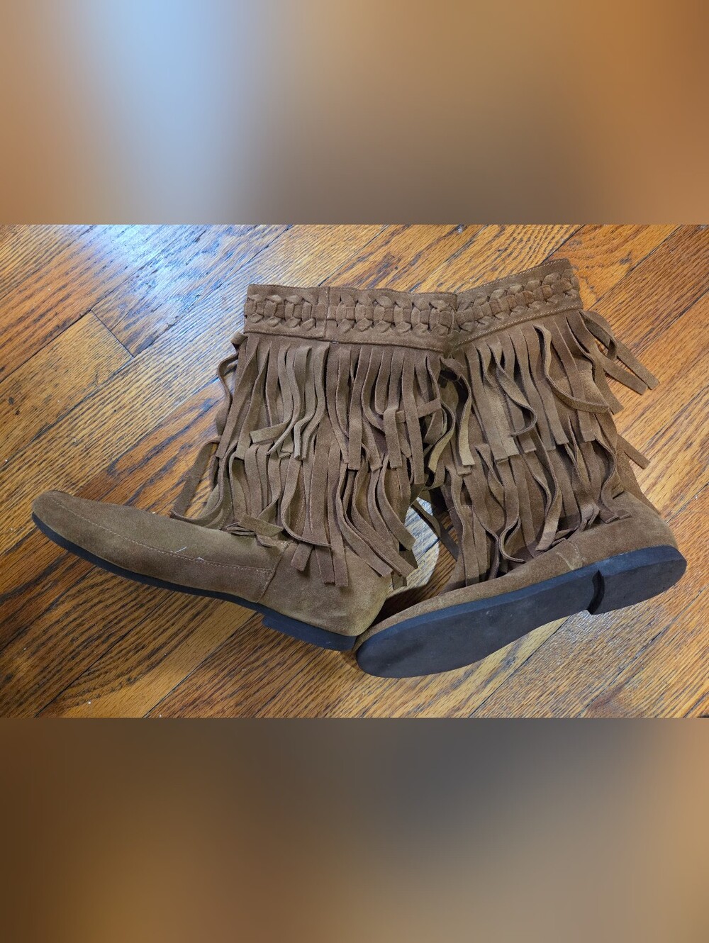 Vintage Minnetonka Women’s Brown Suede Triple Fringe Mid Calf Boots Size 7 Boho